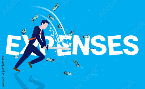 Man cutting expenses - Illustration of person cutting the word with a sword, paper money flying around. Economy and save money concept. Vector.