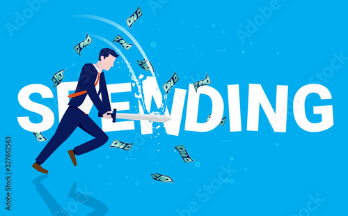 Cut spending - Person cutting the word spending with a sword with cash flying around. Personal finance and saving money concept. Vector illustration.