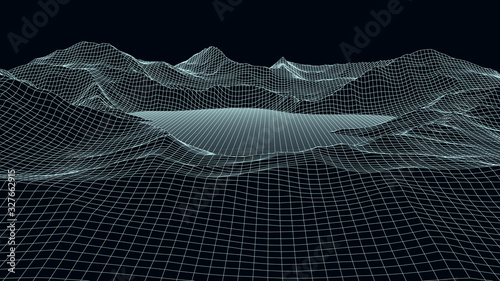Vector wireframe 3d landscape. Technology grid illustration. Network of connected dots and lines. Futuristic background.