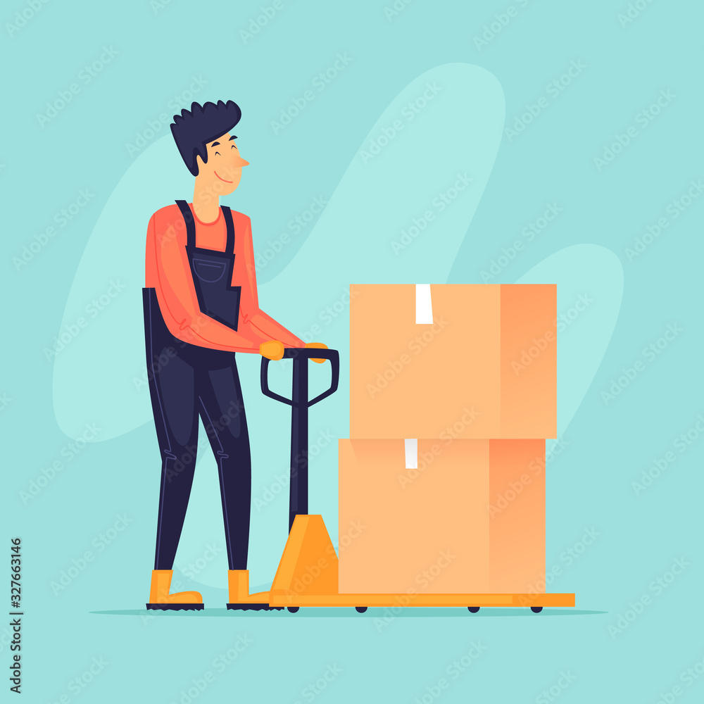Loader drags boxes on trolley. Flat design vector illustration. Loader drags boxes on trolley. Flat design vector illustration.