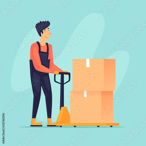 Loader drags boxes on trolley. Flat design vector illustration.