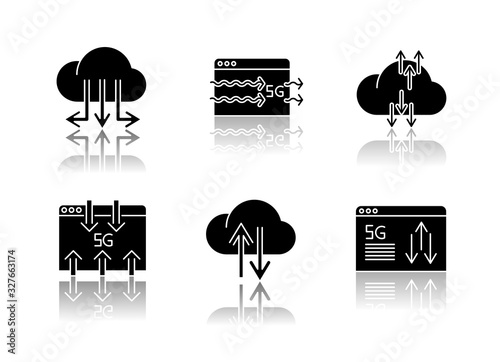 5G technology drop shadow black glyph icons set. Data transmission. Fast information exchange. Cloud computing. Cellular network. Isolated vector illustrations on white space