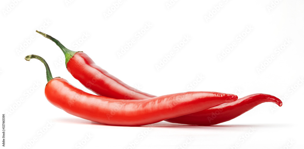 Red hot chilli peppers isolated on white background.