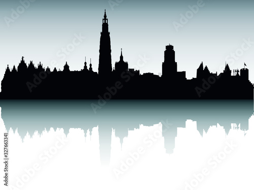 Vector Illustration of the Panoramic Silhouette Skyline of Antwerp Belgium