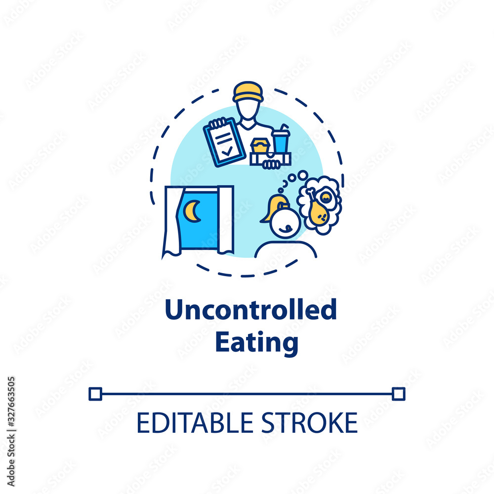 Uncontrolled eating concept icon. Mindless eating, excessive nutrition idea thin line illustration. Late night snacks, junk food consumption. Vector isolated outline RGB color drawing. Editable stroke