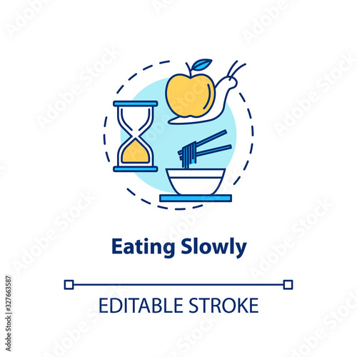 Eating slowly concept icon. Mindful nutrition idea thin line illustration. Thorough and attentive food consumption, enjoying meal. Vector isolated outline RGB color drawing. Editable stroke