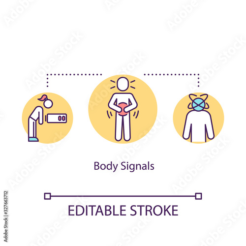 Body signal concept icon. Mindful eating, conscious nutrition idea thin line illustration. Hunger, growling stomach and low energy. Vector isolated outline RGB color drawing. Editable stroke