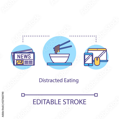 Distracted eating concept icon. Conscious nutrition idea thin line illustration. Paying attention to meal, mindful food consumption. Vector isolated outline RGB color drawing. Editable stroke