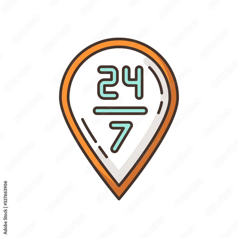 24 7 delivery RGB color icon. Twenty four seven hours shipping. GPS sign with numbers. Around the clock transportation. 24 7 service location. 24 h signage. Isolated vector illustration 24 7 delivery RGB color icon. Twenty four seven hours shipping. GPS sign with numbers. Around the clock transportation. 24 7 service location. 24 h signage. Isolated vector illustration