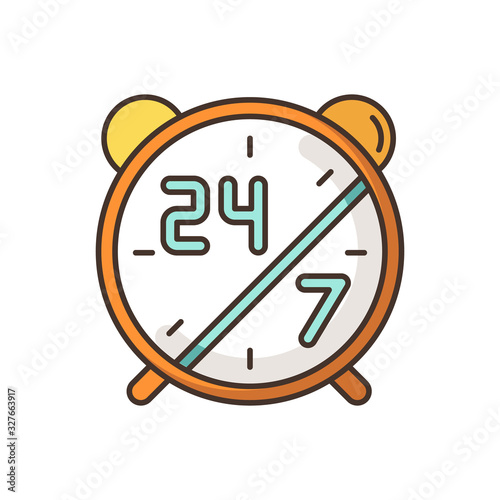 24 7 hours service RGB color icon. Alarm clock for highly available center. Everyday open sign. Watch dial with numbers. 24 hours online support. Retail signage. Isolated vector illustration