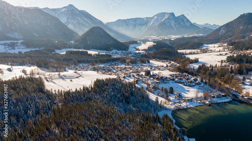 Beautiful winter landscape, mountains and lake in Berchtesgaden, Germany. Bavarian alps covered with snow 