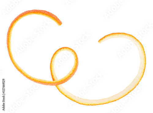 Spiral skin of orange fruit isolated on a white background, top view.