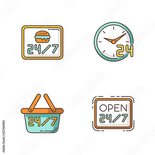24 7 hour service RGB color icons set. Everyday open burger cafe. 24 hrs available restaurant. Open twenty four seven hours. Convenience store sign. Commerce industry. Isolated vector illustrations