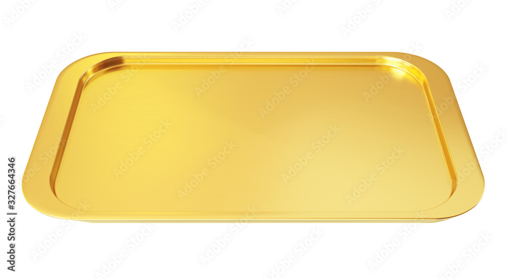 Empty golden tray isolated on a white background. Clipping path included. 3d illustration