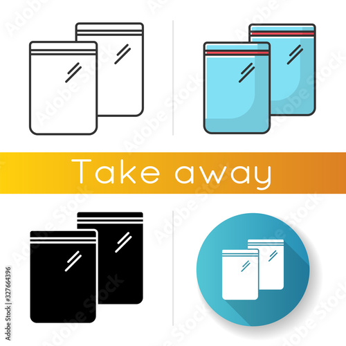 Zip bag icons set. Linear, black and RGB color styles. Empty plastic transparent package. Food ziplock packet, pvc sachet. Snack waterproof pouch. Isolated vector illustrations