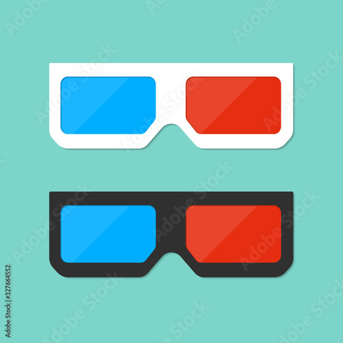 3d glasses icon in flat style. Stereo glasses for cinema or movie on isolated background. Red and blue vision eyeglasses for theater. Black and white spectacles. Design vector illustration.