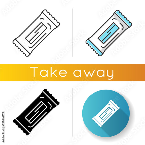 Chocolate bar icons set. Linear, black and RGB color styles. Protein snack package. Wrapped candy, sweet nourishment. Takeaway food pack. Sugar sachet, packet. Isolated vector illustrations