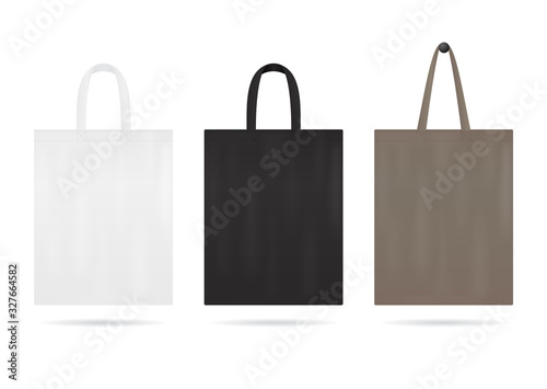 Canvas tote bag mockup for sale. Shopping sack bags with white, black color. Blank fabric eco bag with handles. Handbag for travel. Reusable ecobag template for shopping. Design vector