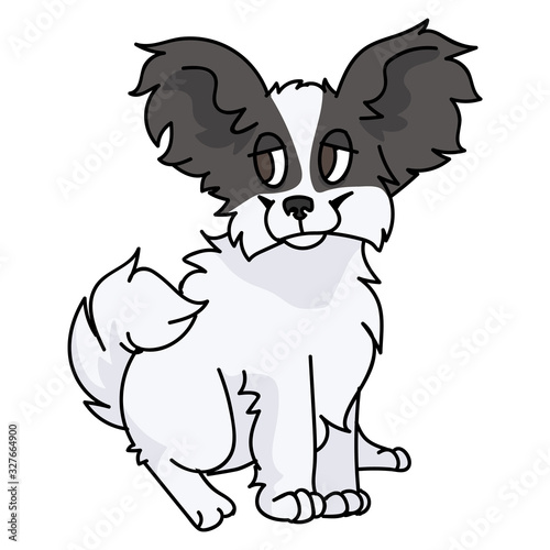 Cute cartoon papillon puppy dog breed vector clipart. Pedigree kennel doggie breed for dog lovers. Purebred domestic puppy for pet parlor illustration mascot. Isolated canine fluffy. EPS 10. 