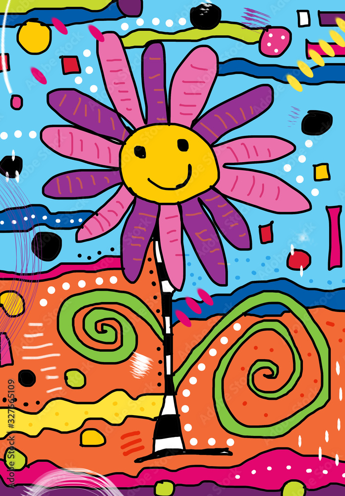Colorful flower hand drawing, childish style, bright summer colors, positive vibes cover or poster ready 