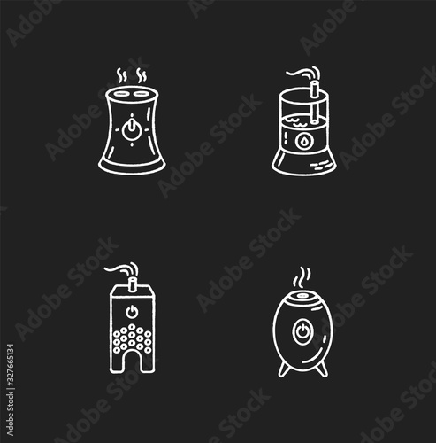Water evaporators chalk white icons set on black background. Air humidifiers, climate control household appliances, premises humidity regulators. Isolated vector chalkboard illustrations