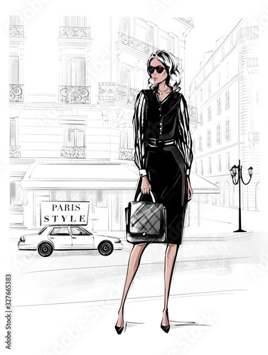 Photography Hand drawn beautiful young woman in black dress