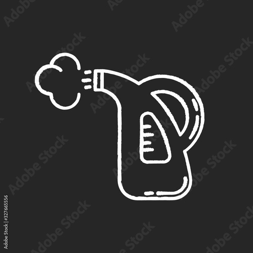Steam cleaning chalk white icon on black background. Laundry service, delicate clothes washing, household appliance. Steam iron, manual washing machine. Isolated vector chalkboard illustration