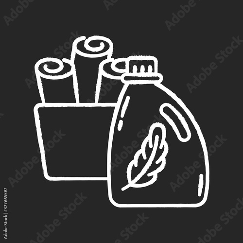 Fabric softener chalk white icon on black background. Cleaning product packaging, laundry detergent conditioner bottle. Fabric care, delicate washing. Isolated vector chalkboard illustration