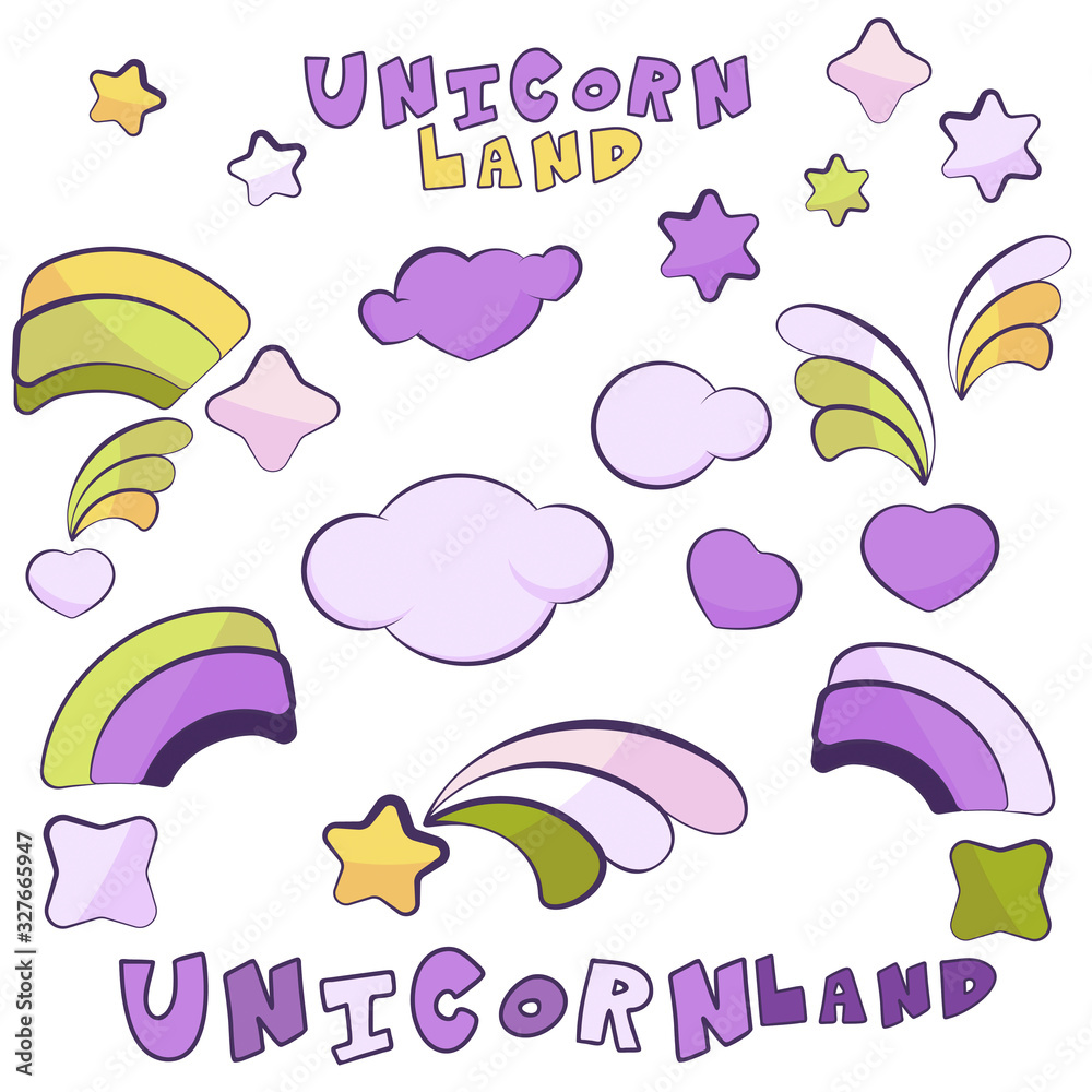 Unicorn Land items with dark outlines