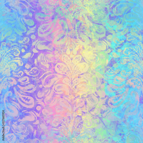 Holographic foil vivid trendy seamless damask pattern. Opalescent psychedelic design in pastel rainbow colors. Cosmic futuristic iridescent graphic swatch.