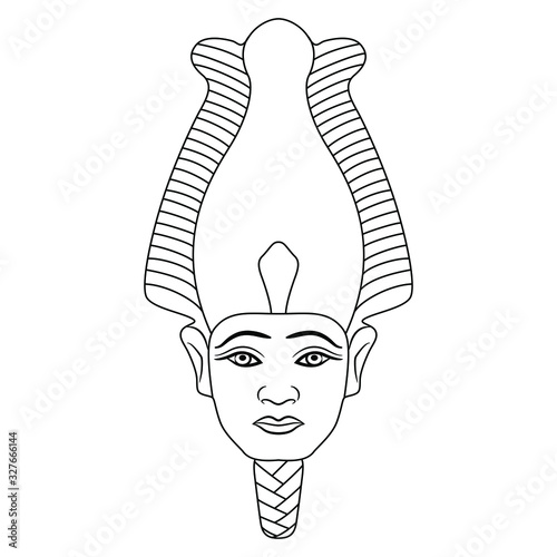 Isolated vector illustration. Head of ancient Egyptian pharaoh as god Osiris. Black and white linear silhouette.