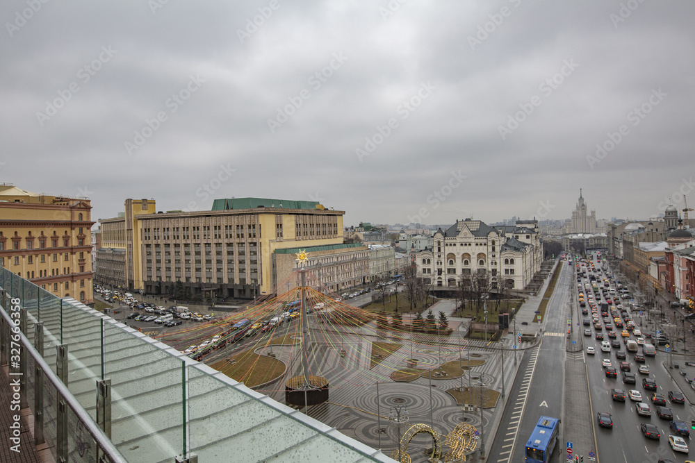 City landscape in cloudy weather from the observation deck of the Children's World Mall. Moscow, Russia