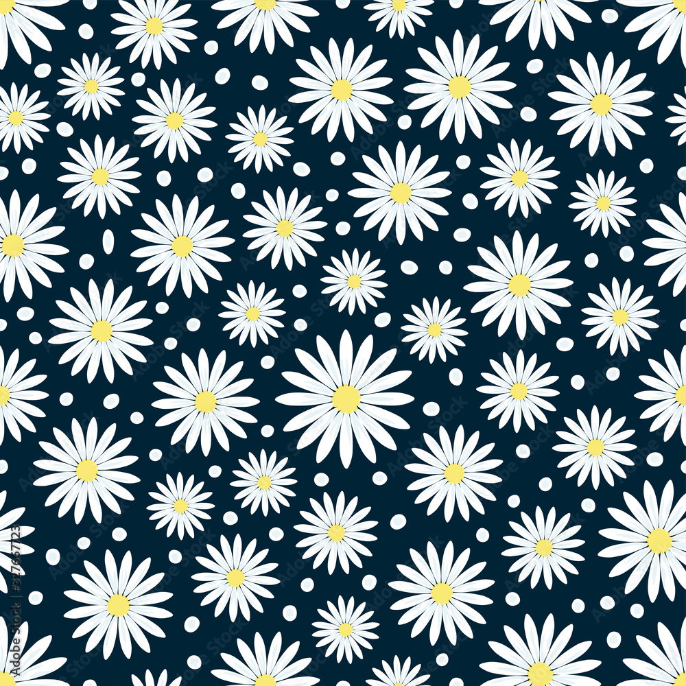 Bright colorful daisy flowers on a dark blue background. Seamless pattern. Vector graphic drawing. Texture.