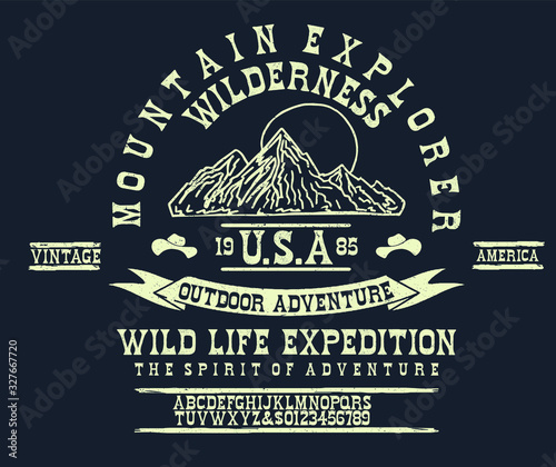 Mountain illustration, outdoor adventure . Vector graphic for t shirt and other uses.Handmade Vintage Font for labels