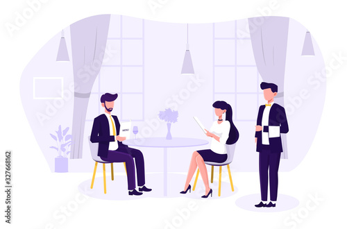 Couple dining in a restaurant seated at a table looking at menus with a waiter ready to take their orders, vector illustration