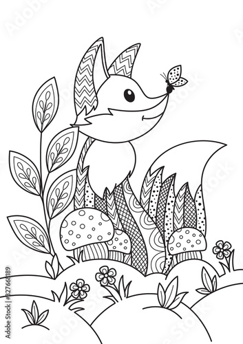 Doodle coloring book page cute fox. Antistress for adults.