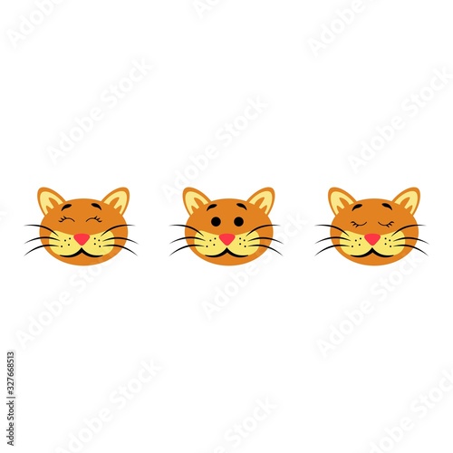 Muzzle of a cat with open and closed eyes isolated on white background. Stock vector illustration for decoration and design, postcards, fabrics, packaging, baby textiles, poster, banner, books