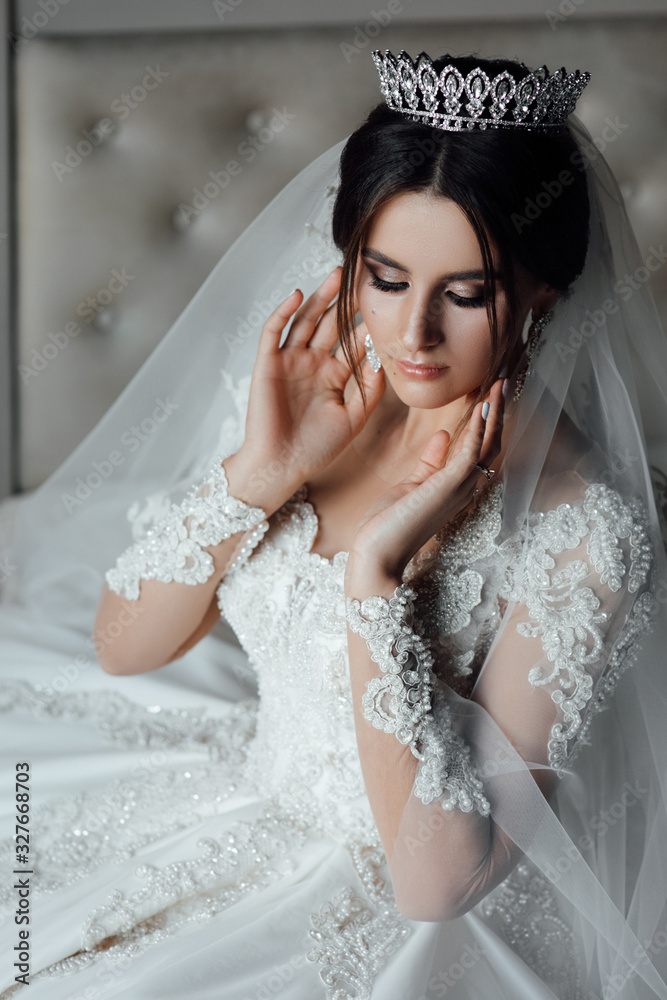 Brunette girl. Wedding veil. Beautiful young bride with wedding makeup and hairstyle in bedroom. Brunette girl. Wedding veil. Beautiful young bride with wedding makeup and hairstyle in bedroom.