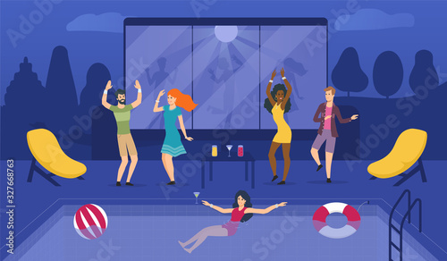 Revellers dancing and swimming at a private party with a group of young people jiving alongside a pool with young woman swimming, vector illustration