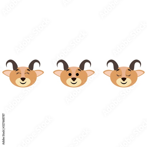 Goat face with open and closed eyes isolated on white background. Stock vector illustration for decoration and design, postcards, fabrics, packaging, baby textiles, poster, banner, books.