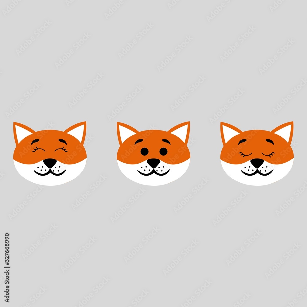 Fox muzzle with open and closed eyes isolated on background. Stock vector illustration for decoration and design, postcards, fabrics, packaging, children's textiles, poster, banner, books, coloring