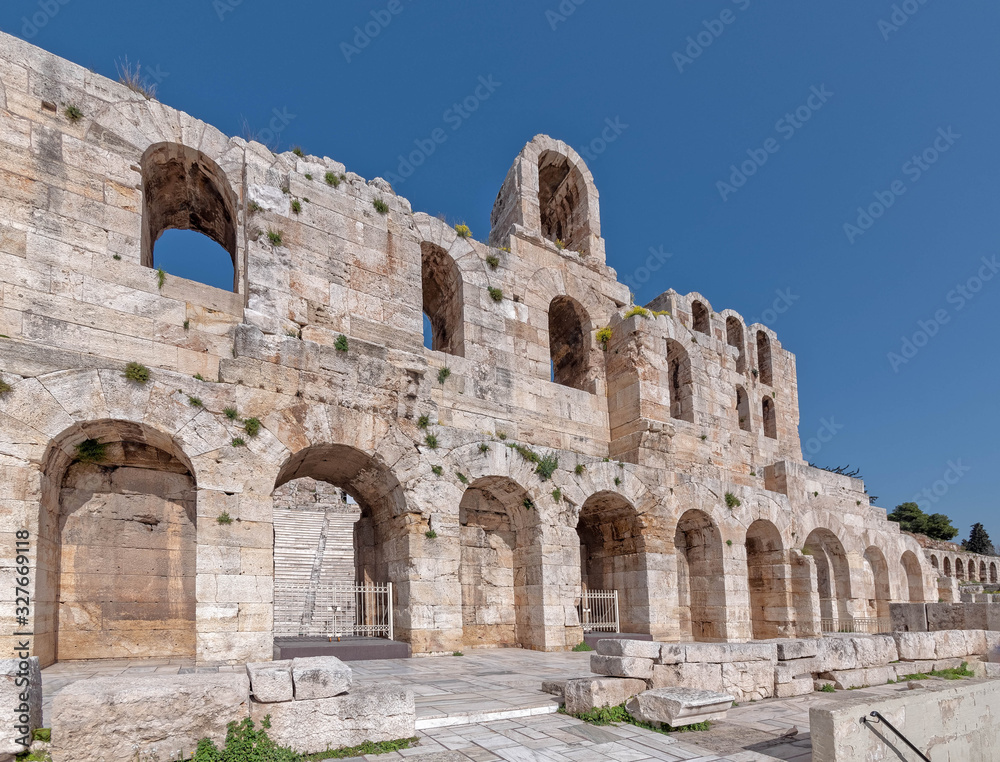 Athens Greece, Herodium ancient roman theater arched front facade