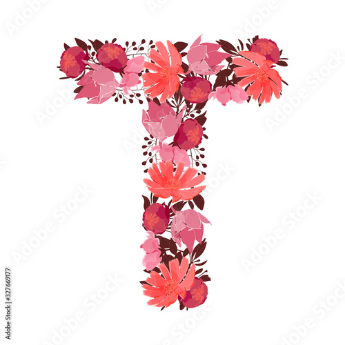 Vector floral letter, capital character T. Botanical monogram. Pink, maroon, coral color flowers in the shape of a bold letter isolated on white background. Chicory, peonies, lilies with branches.