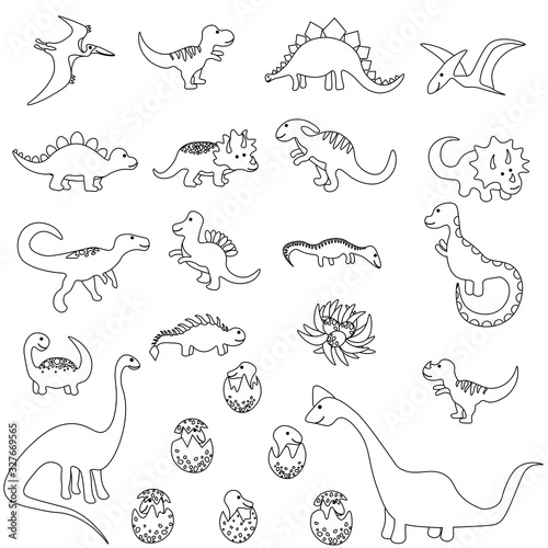Set of cute dinosaurs outline isolated on white background. Jurassic animals. Stock vector illustration for decoration and design, children's books and coloring books, stickers, fabrics, packaging