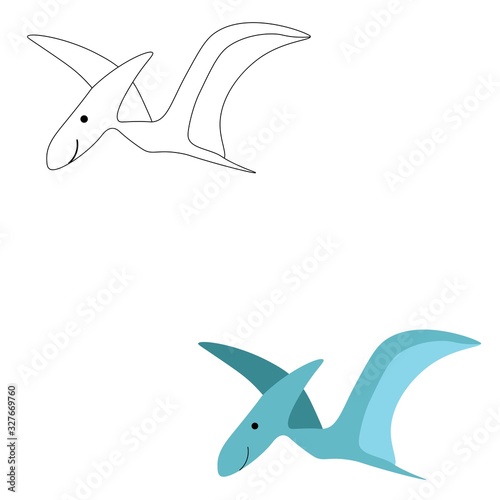 Cheerful dinosaur pterodactyl in color and outline isolated on white background. Jurassic period. Stock vector illustration for decoration and design, postcards, fabrics, packaging, coloring, children