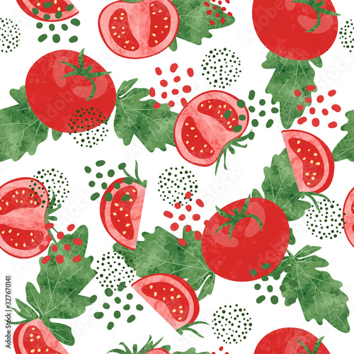 Seamless vector watercolor tomato pattern. Vegetable red background