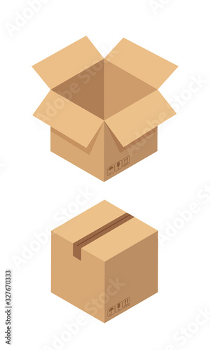 Set of open and closed boxes. Brown cardboard box top view. Vector illustration isolated on white background.