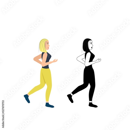 Running pensive girl isolated on a white background. Silhouette of a female sprinter. Runners in motion. Preparing for the marathon. Jogging. Sportswomen in a flat style. Stock vector illustration