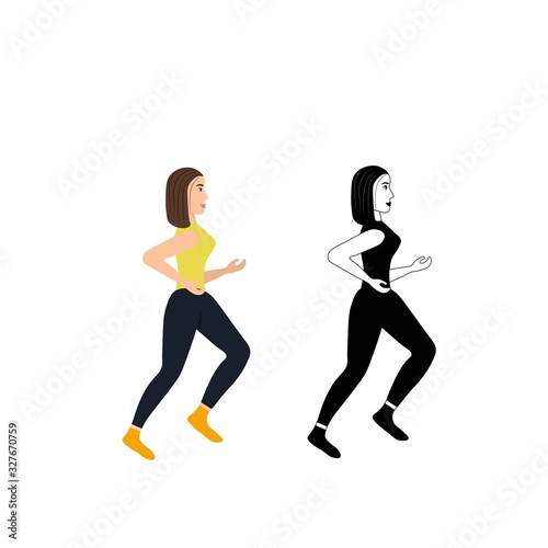 Running brunette girl isolated on a white background. Silhouette of a female sprinter. Runners in motion. Preparing for the marathon. Jogging. Sportswomen in a flat style. Stock vector illustration