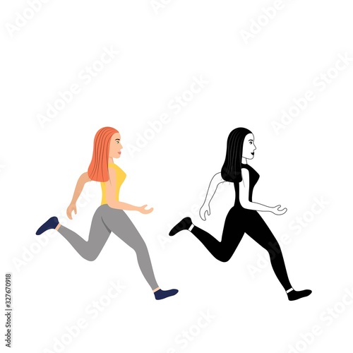 Running slim girl isolated on white background. Silhouette of a female sprinter. Runners in motion. Preparing for the marathon. Jogging. Sportswomen in a flat style. Stock vector illustration